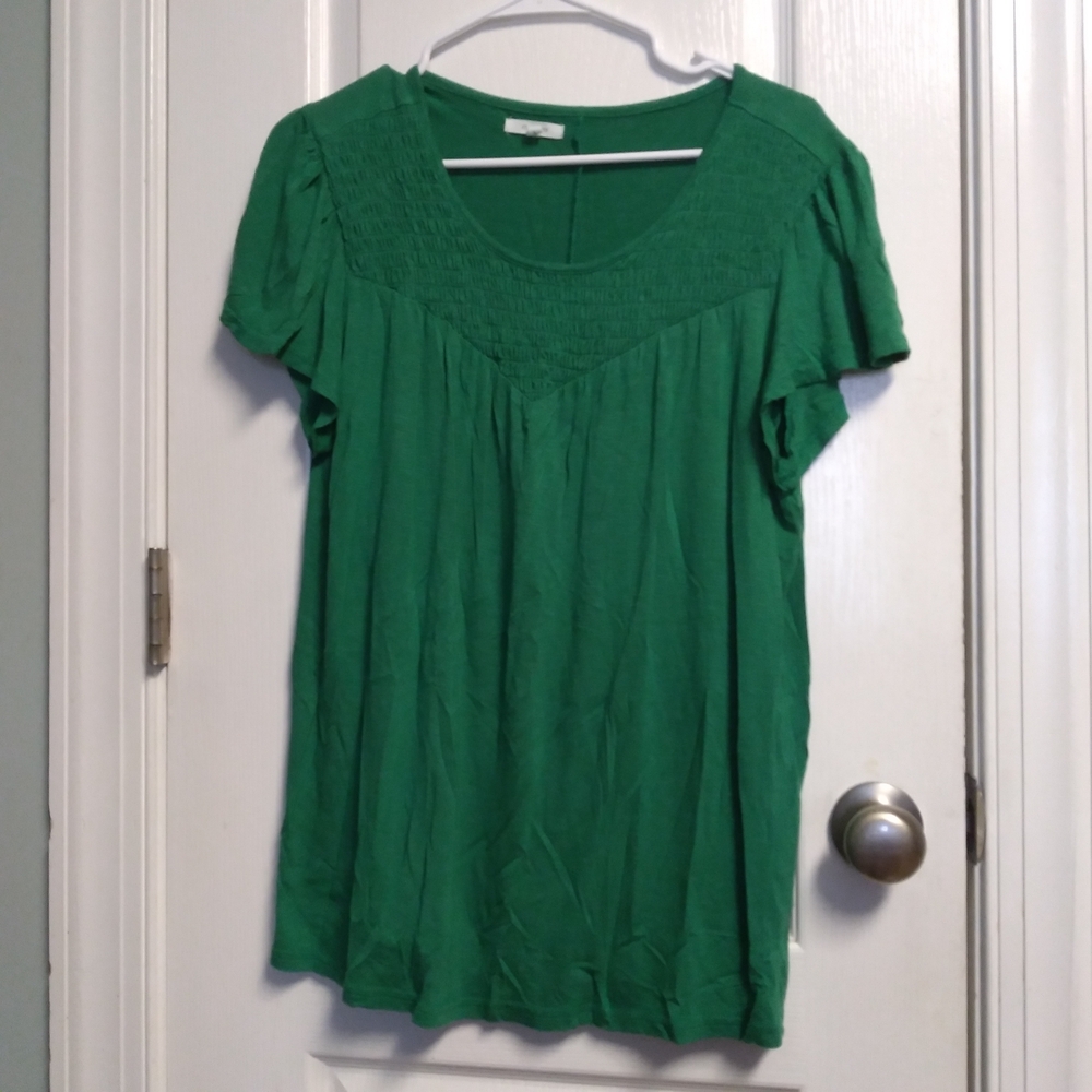 Women's  Kelley Green Scoop Neck Short Sleeve Blouse w/ Smocked Yoke L Casual